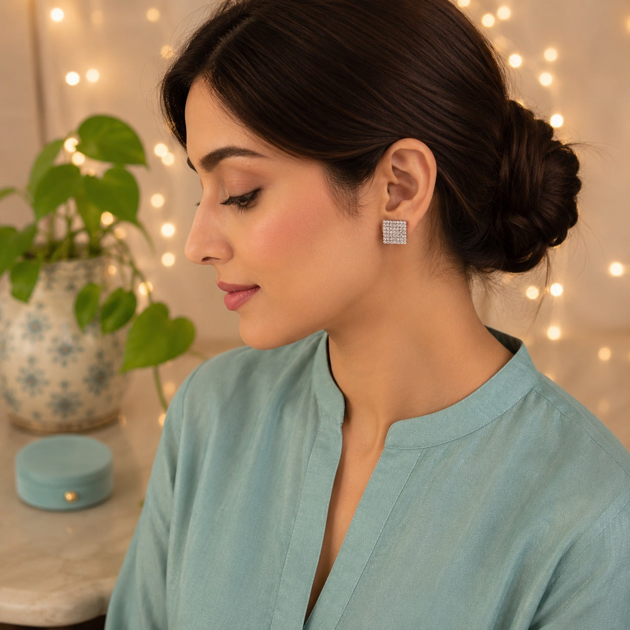 Model wearing Lumière Mosaic square silver pavé crystal stud earrings featuring a sparkling geometric design by TIAS Collection.