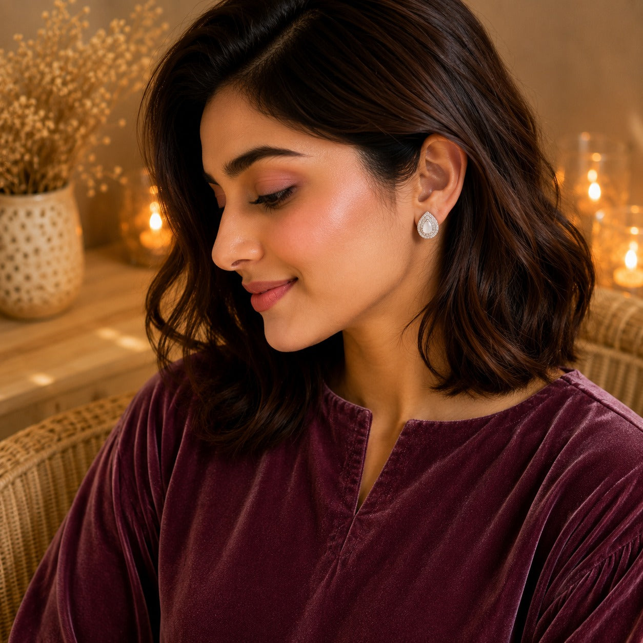 Woman wearing silver teardrop stud earrings with a pearlescent white pear-cut centre stone and pavé halo in a warm luxury indoor setting