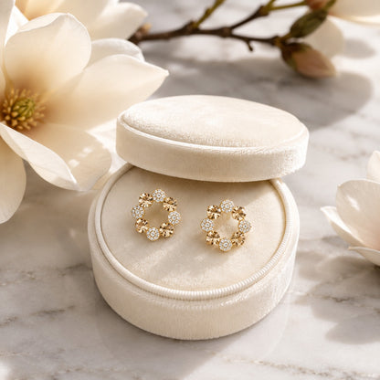 Beige silver floral halo stud earrings featuring faceted beige crystals and pavé accents with butterfly stopper back