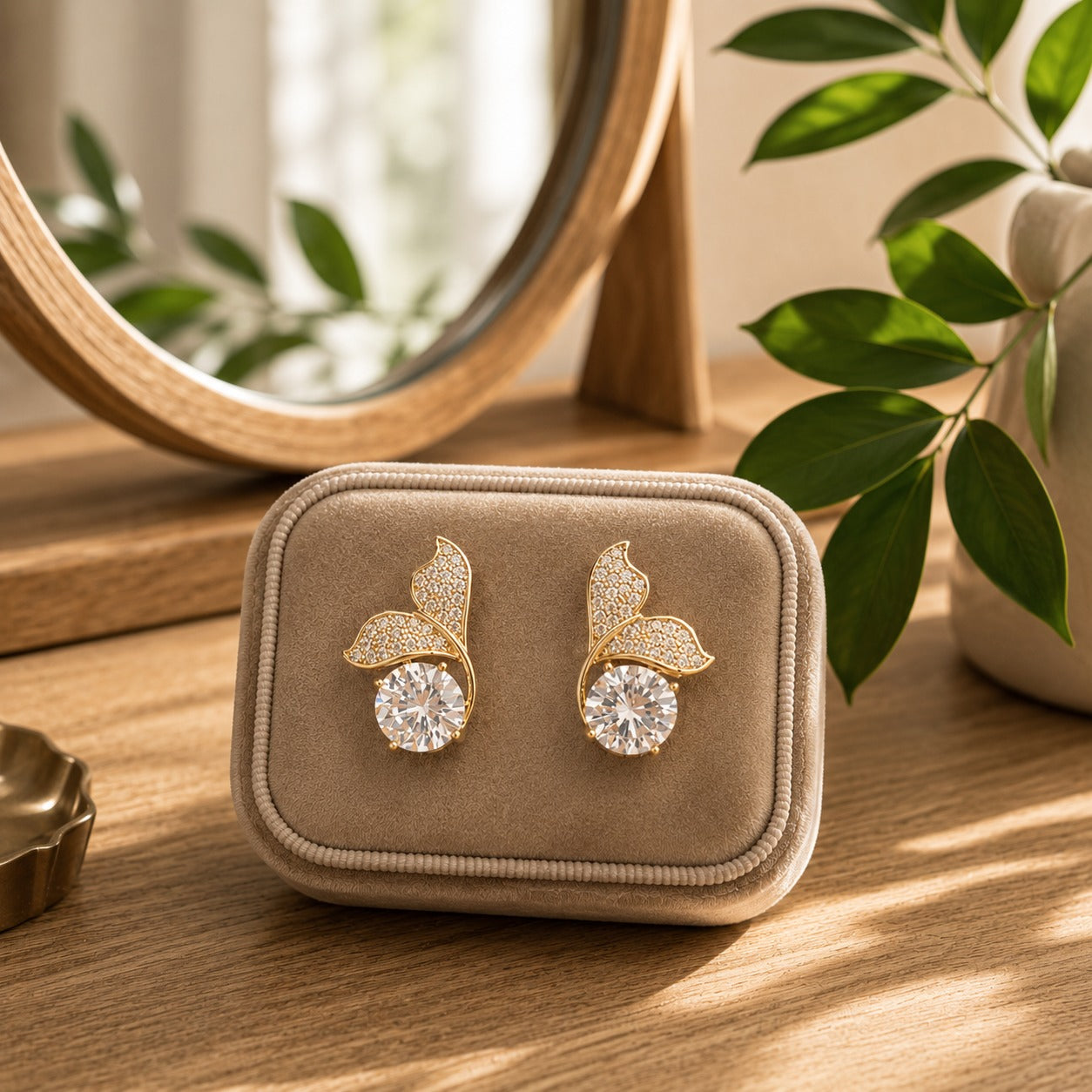 Gold leaf-inspired crystal stud earrings with a round-cut center stone displayed in a soft beige velvet jewellery box.