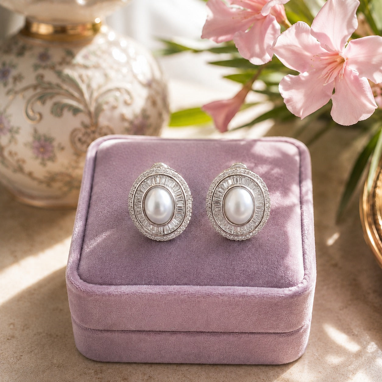 Silver oval pearl statement stud earrings with baguette and pavé crystal halo displayed on a lavender velvet jewellery box.