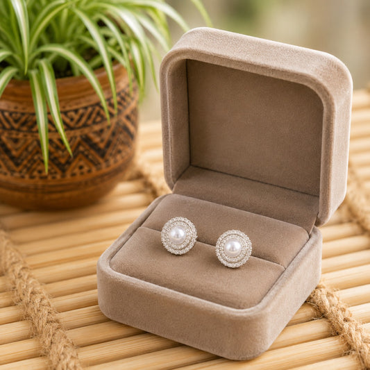 Round pearl halo stud earrings displayed in a taupe velvet jewellery box on a bamboo table