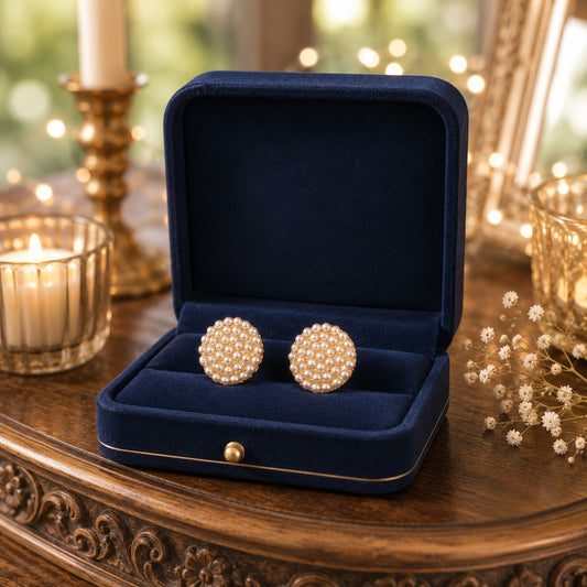 Round gold-tone pearl cluster stud earrings displayed in a deep navy velvet jewellery box.
