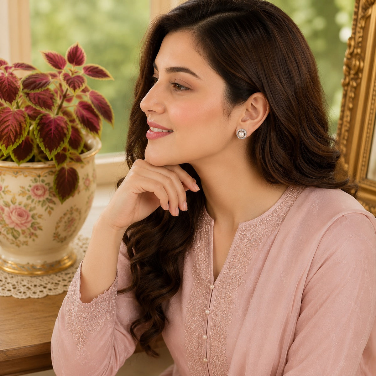 Model wearing round gold-tone pearl halo stud earrings in a soft side-profile portrait with a blush pink embroidered outfit.