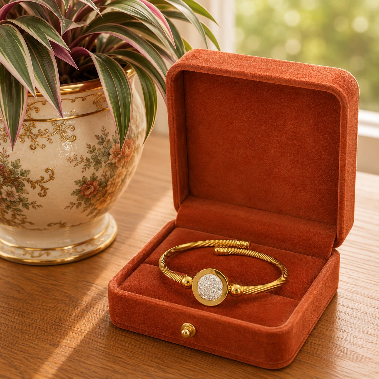 Gold twisted cable bracelets with a crystal pavé circular centerpiece displayed inside a burnt terracotta velvet jewellery box on a wooden table beside a decorative indoor plant.