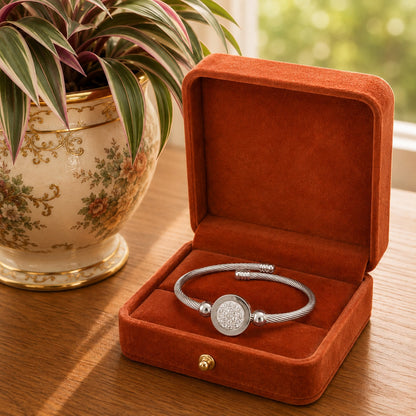 Silver twisted cable bracelets with a crystal pavé circular centerpiece displayed inside a burnt terracotta velvet jewellery box on a wooden table beside a decorative indoor plant.