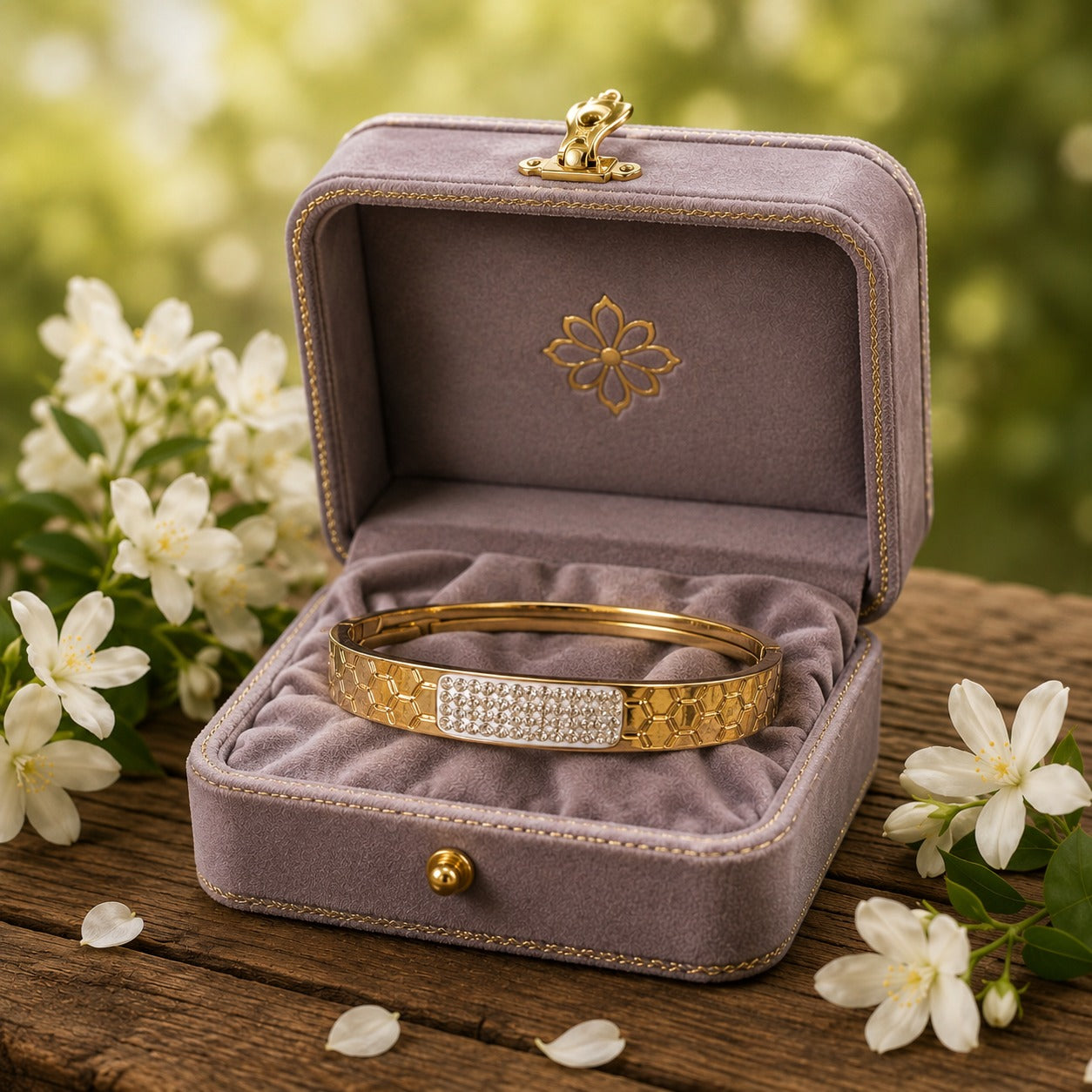 Gold geometric crystal cuff bracelet displayed inside a premium mauve velvet jewellery box surrounded by white flowers