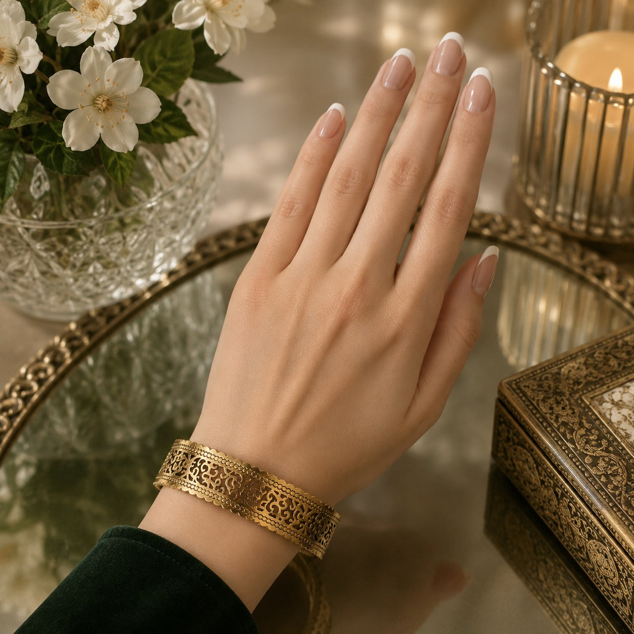 Gold filigree cuff bracelet worn on the wrist with a decorative floral arrangement and candlelit setting