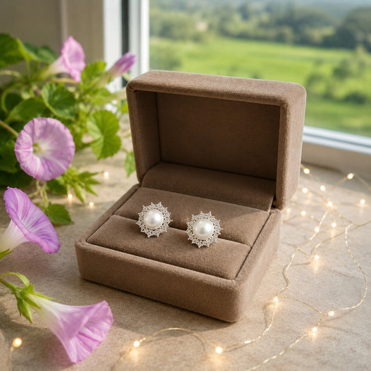Pearl halo stud earrings displayed in a premium taupe velvet jewelry box with soft pink morning glory flowers, fairy lights, and a blurred countryside window view.