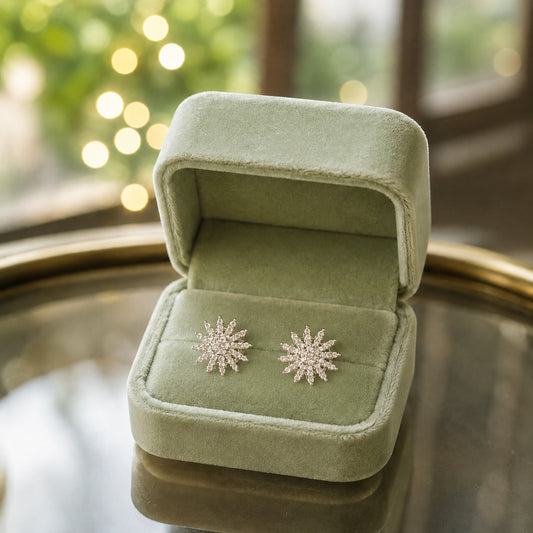 Crystal snowflake stud earrings displayed inside a sage green velvet jewelry box on a reflective table with soft natural light.
