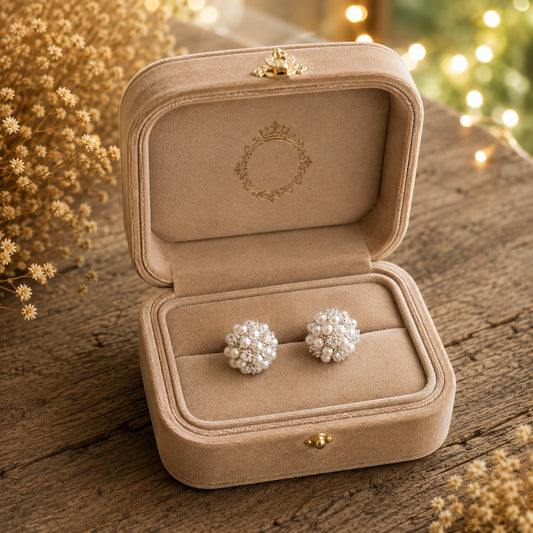 Pearl cluster stud earrings displayed inside a premium champagne velvet jewelry box