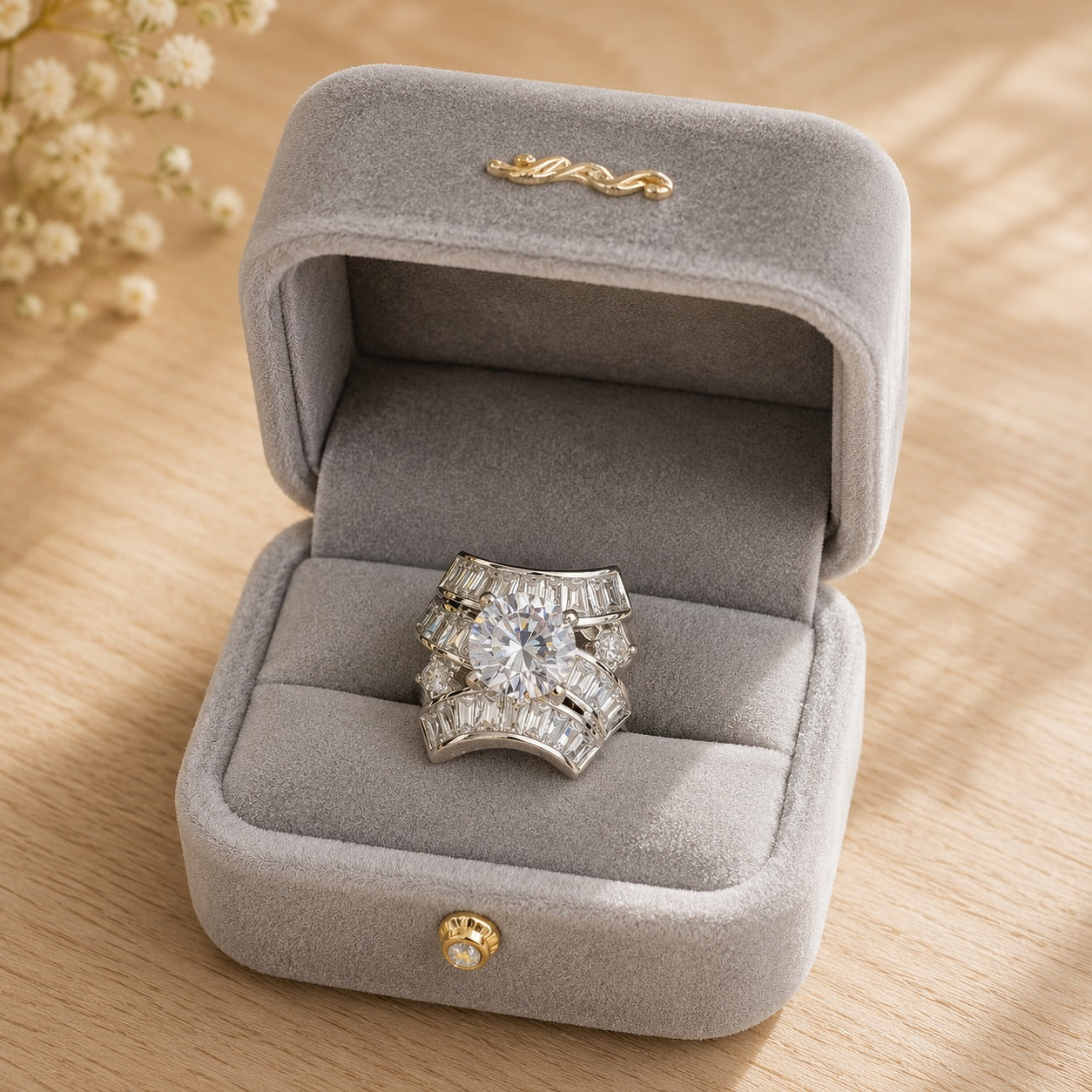 S925 sterling silver statement ring with a round-cut center stone displayed in a premium light grey velvet ring b
