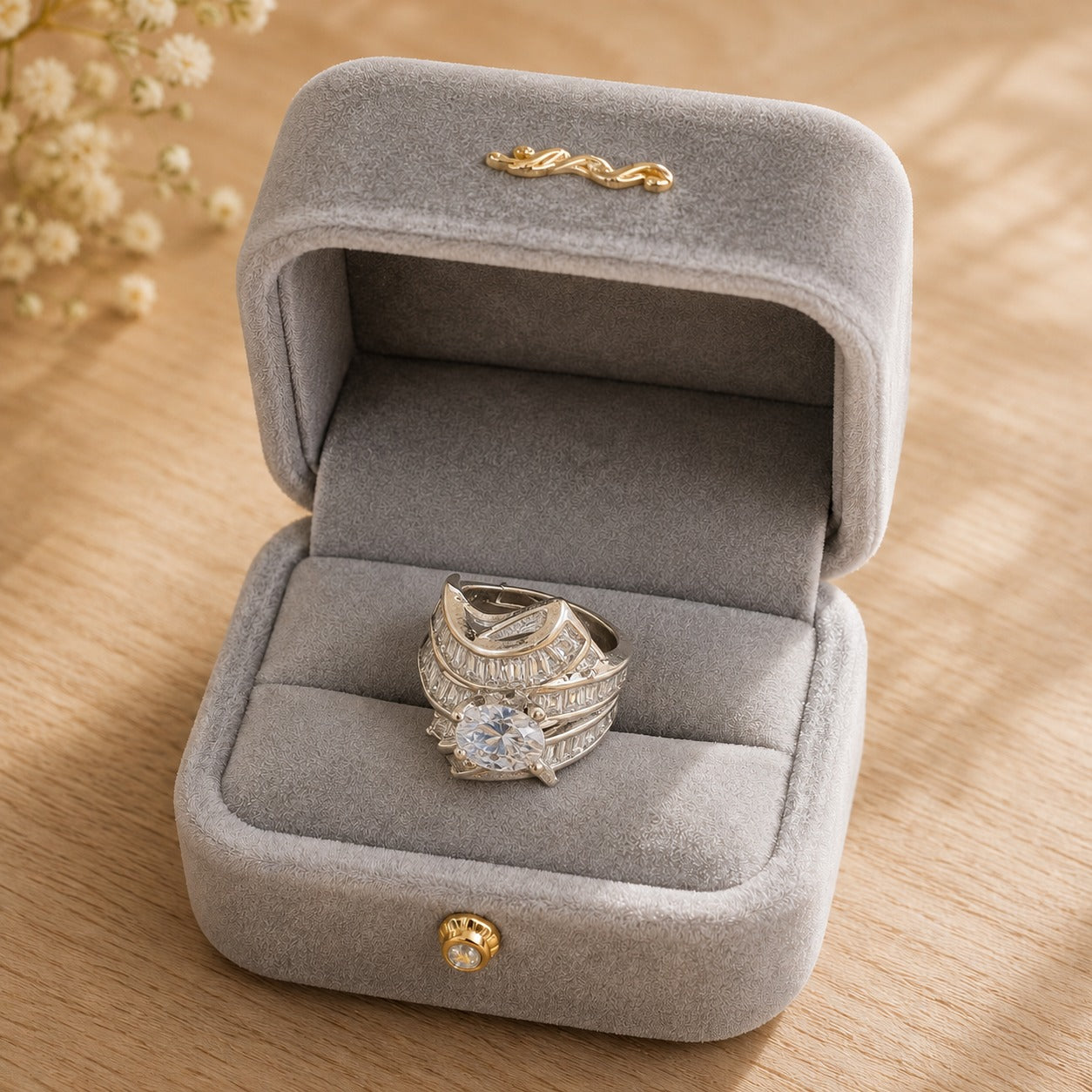 S925 sterling silver statement ring with a round-cut center stone displayed in a premium light grey velvet ring b
