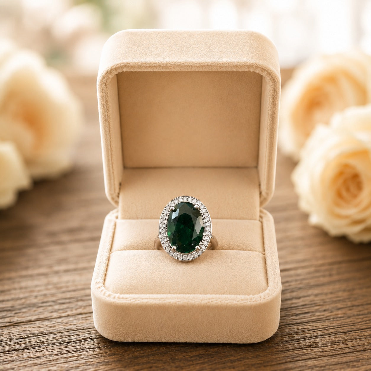 Deep green oval halo ring displayed inside an ivory velvet jewellery box with soft floral décor.