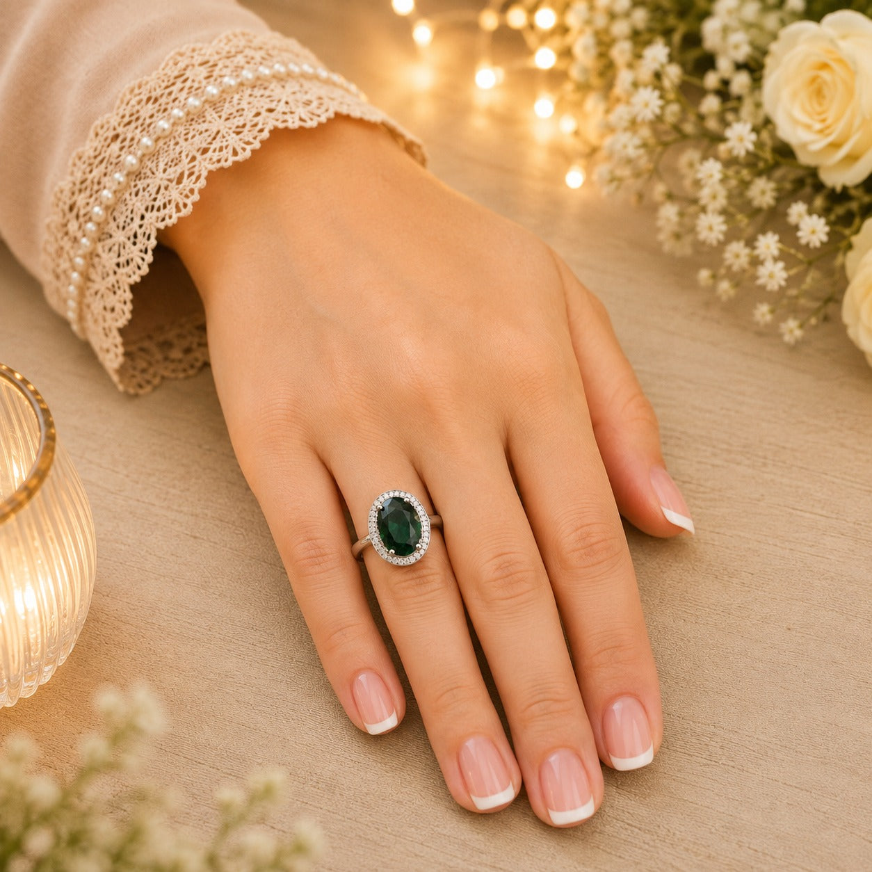 
Deep green oval halo ring worn on a hand with French manicure in a warm luxury lifestyle setting.