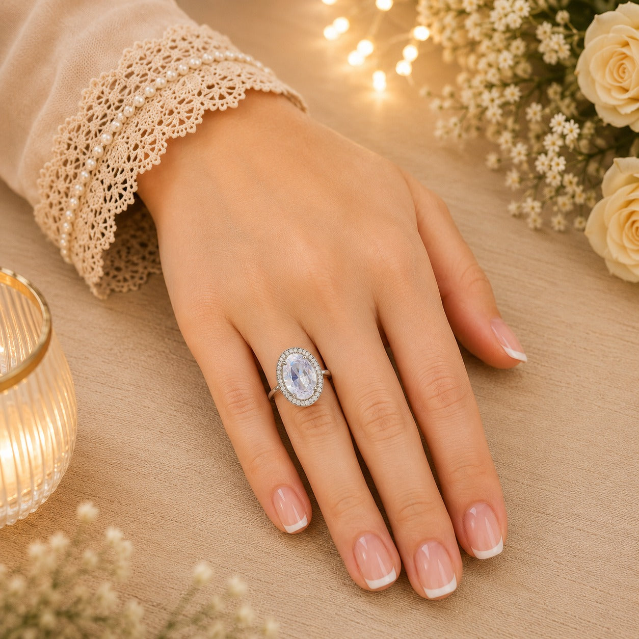 
Silver oval halo ring worn on a hand with French manicure in a warm luxury lifestyle setting.
