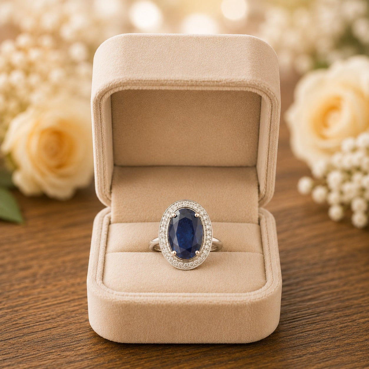Deep blue oval halo ring displayed inside an ivory velvet jewellery box with soft floral décor.