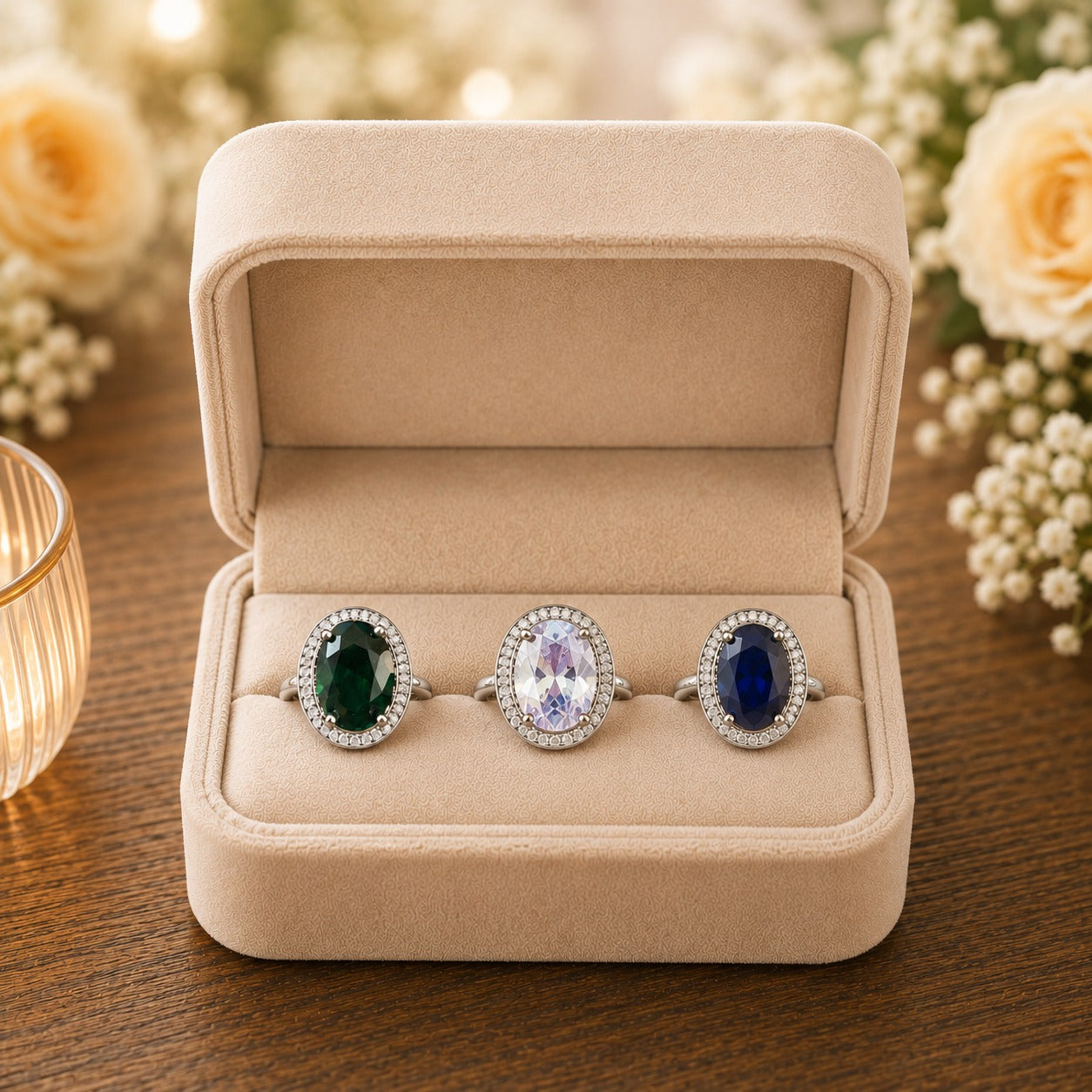 Three oval halo rings displayed in a premium ivory jewellery box featuring green, crystal clear, and royal blue gemstone variants.