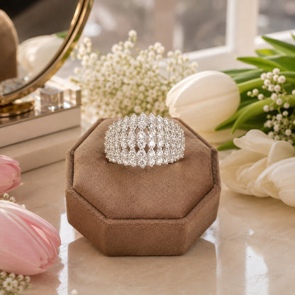 S925 sterling silver wide-band ring featuring multiple rows of sparkling crystals in a polished silver-tone finish.
