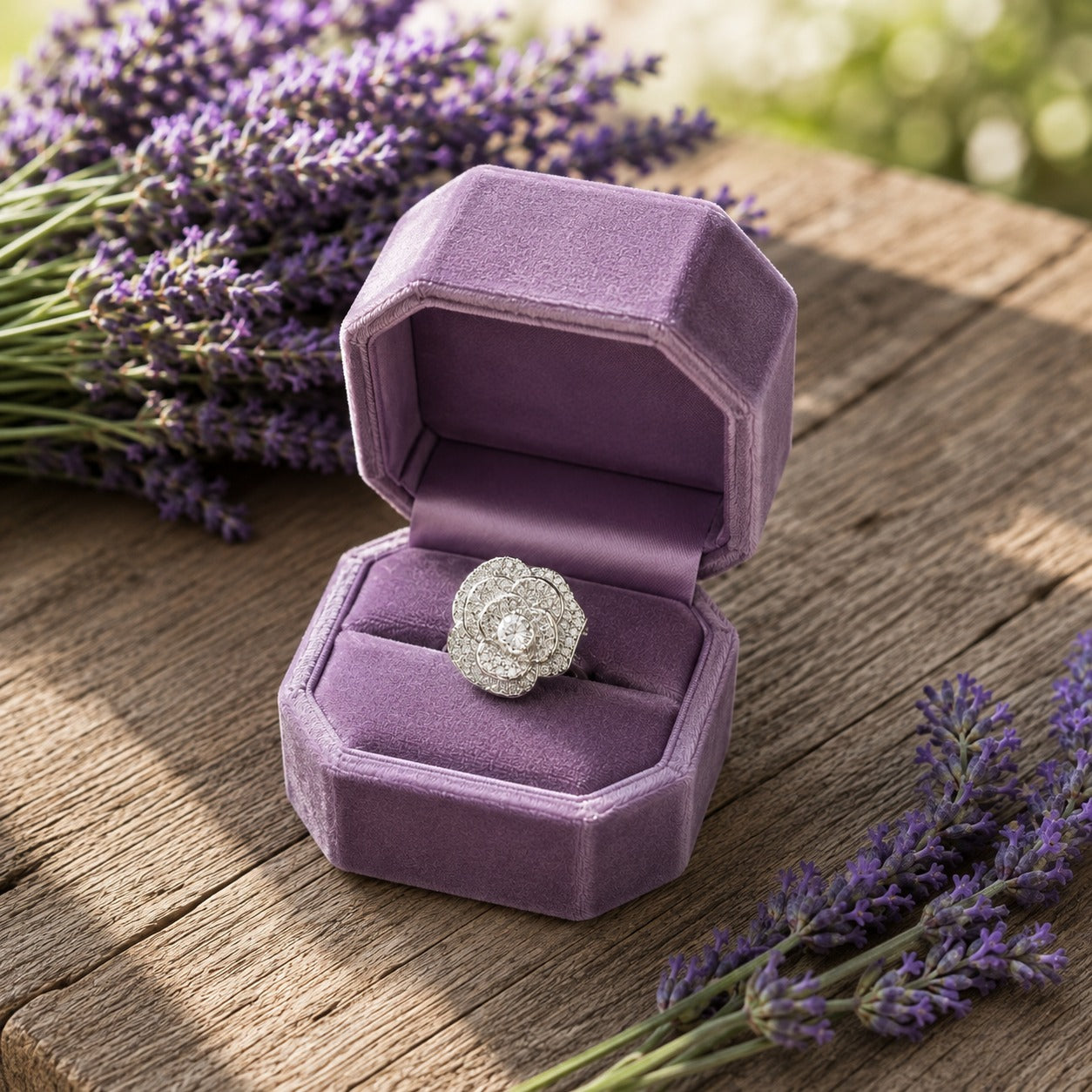 S925 sterling silver floral halo ring displayed in a premium lavender velvet octagonal ring box on a rustic wooden table with fresh lavender.
