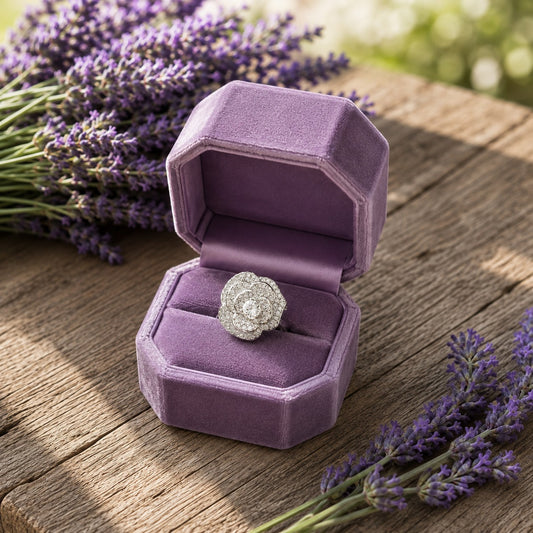 S925 sterling silver floral halo ring displayed in a premium lavender velvet octagonal ring box on a rustic wooden table with fresh lavender.