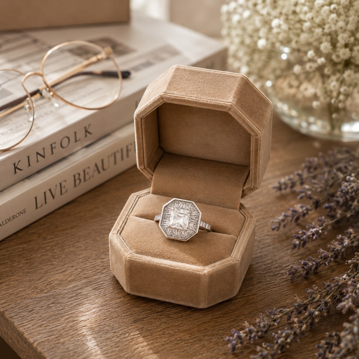 S925 sterling silver octagonal halo ring with baguette zircon accents and clear gem displayed inside a premium beige velvet octagonal ring box on a rustic wooden table with lavender, books, and soft ambient lighting.