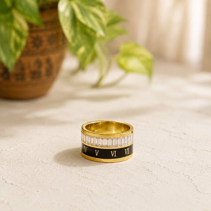 Heavy stainless steel Roman numeral band ring with baguette crystal detailing displayed upright on a light stone surface with a softly blurred botanical background.