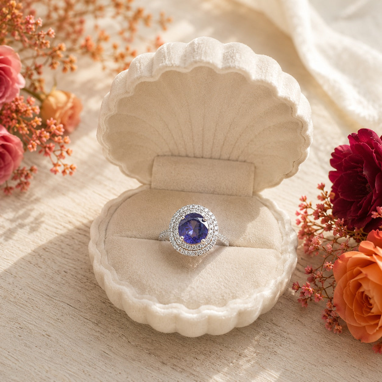 Crystal White  and purple halo statement ring displayed in a premium shell-shaped velvet ring box.