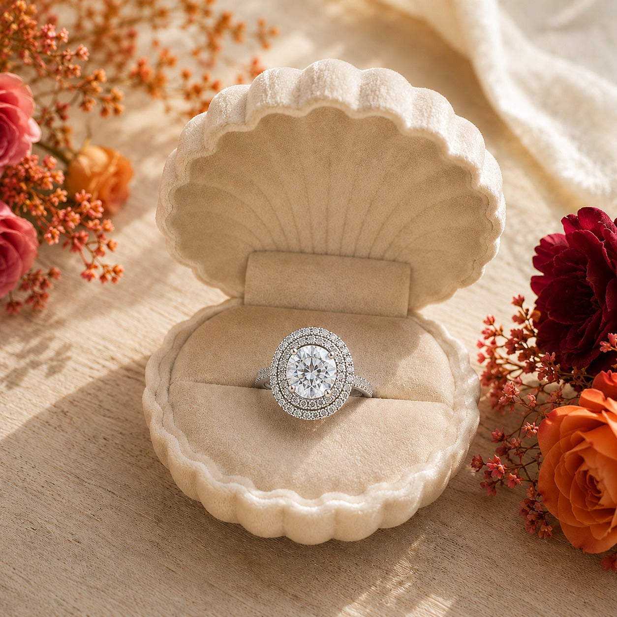 Crystal White halo statement ring displayed in a premium shell-shaped velvet ring box.