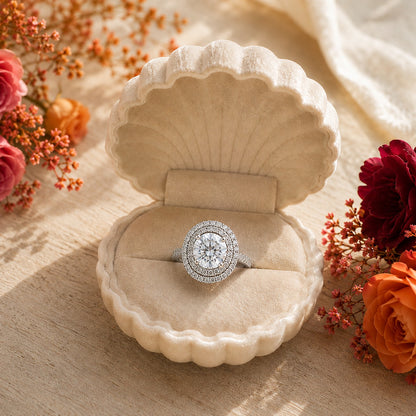 Crystal White halo statement ring displayed in a premium shell-shaped velvet ring box.