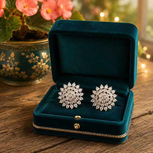 Silver crystal cluster stud earrings displayed inside a premium deep teal velvet jewellery box.