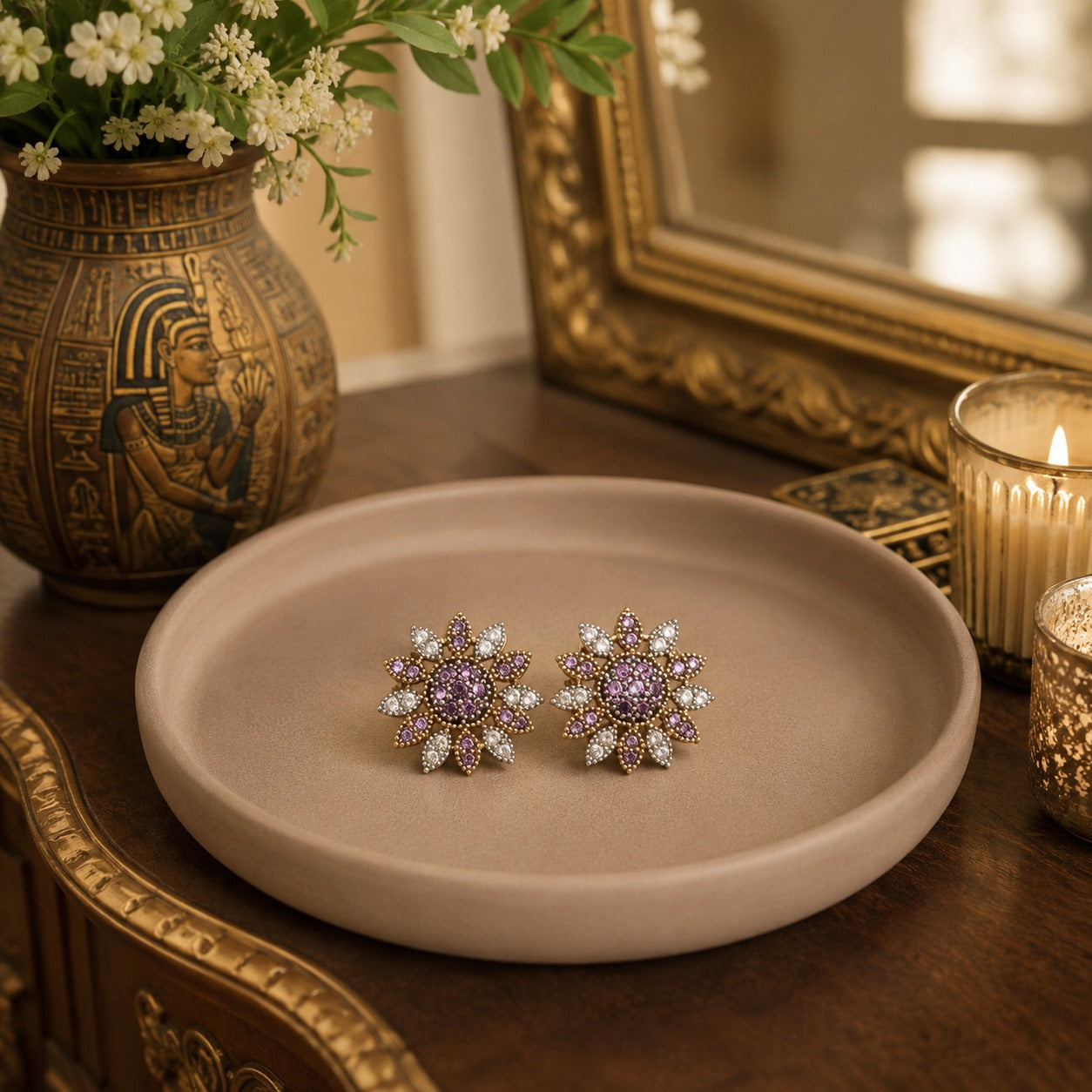 Lavender floral crystal stud earrings displayed on a premium neutral display tray with warm luxury décor