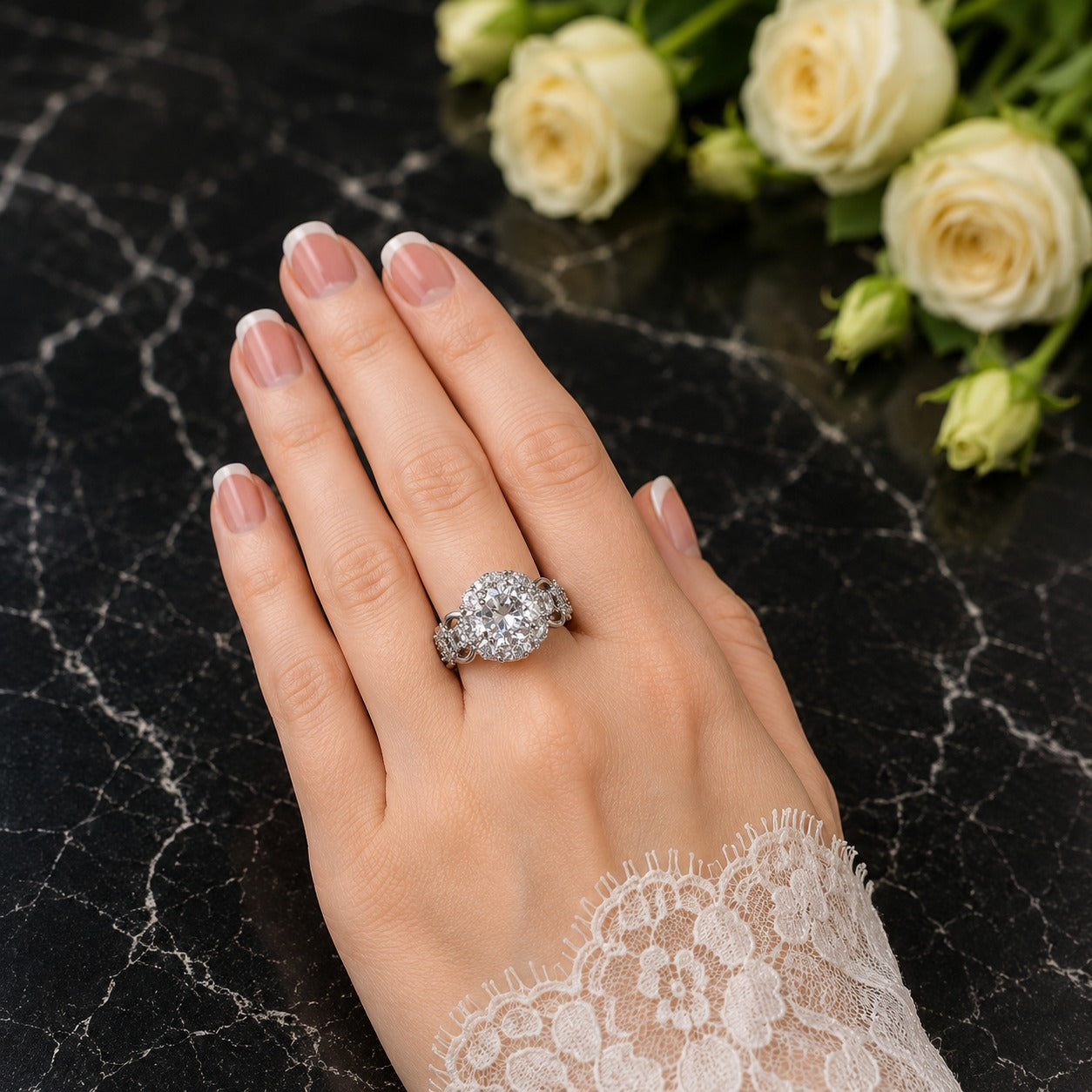 Silver statement ring with sparkling halo center stone worn on a hand with French manicure.