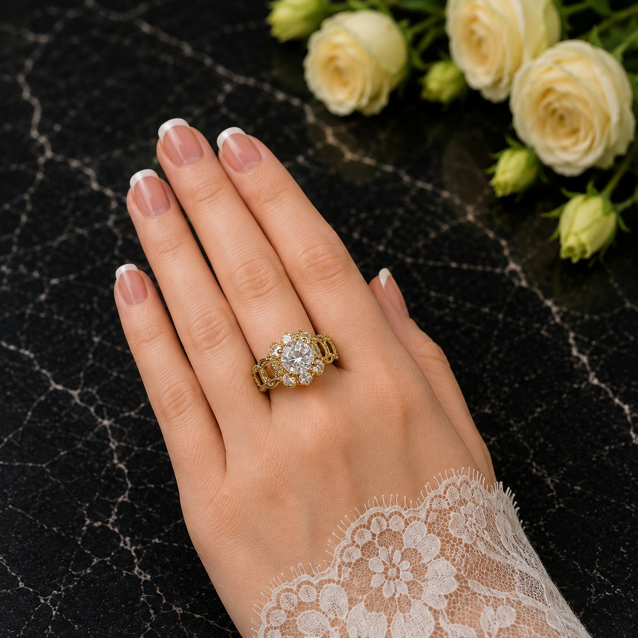 Gold statement ring with sparkling halo center stone worn on a hand with French manicure.