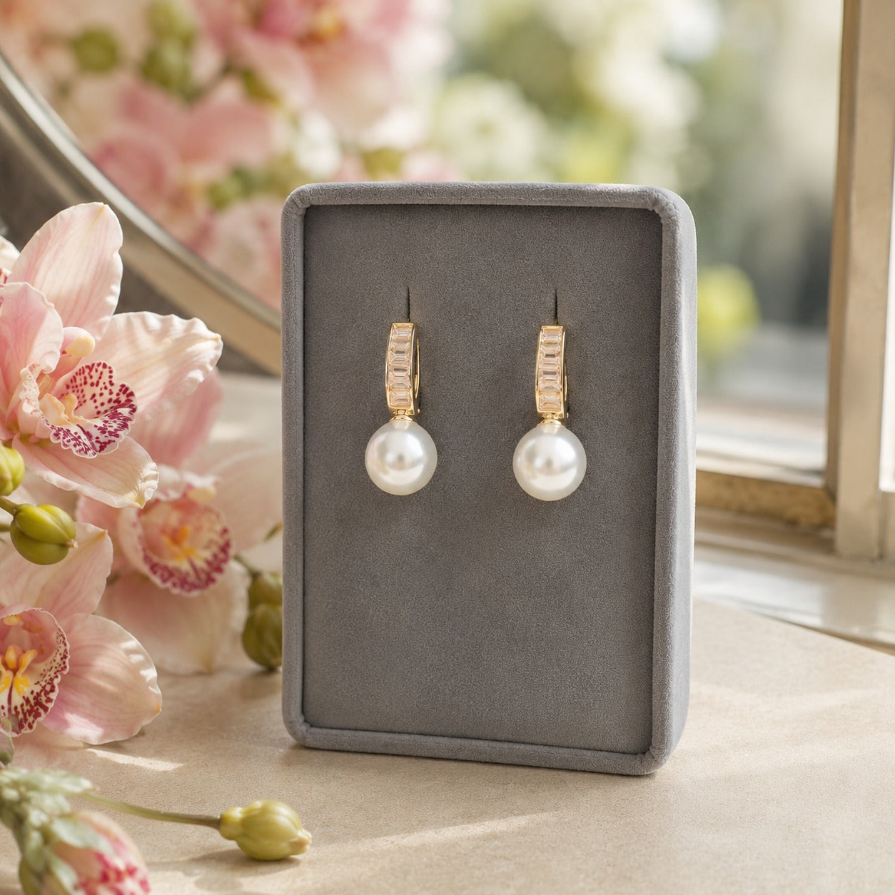 Gold crystal hoop earrings with classic white pearl drops displayed in a premium jewellery stand.
