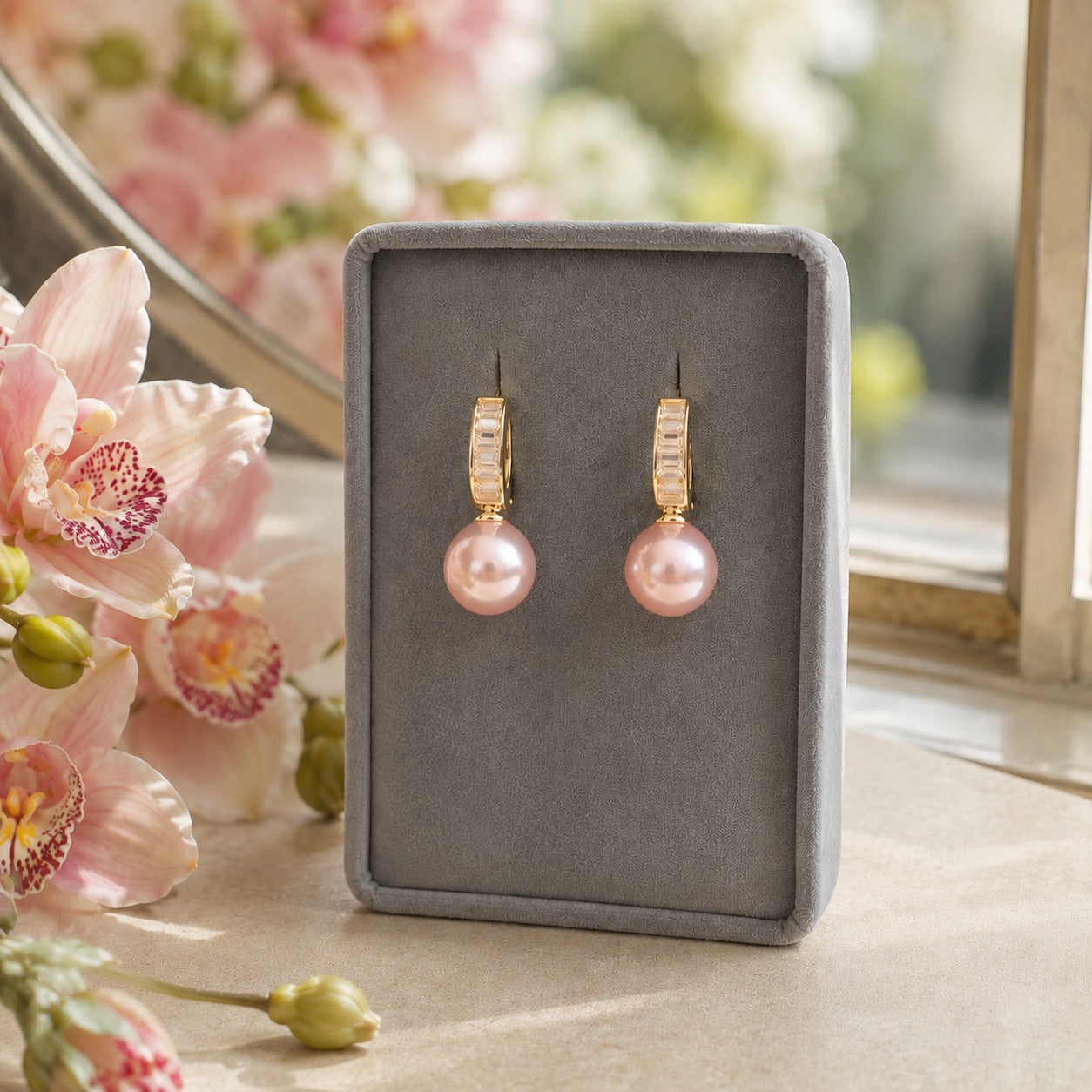 Gold crystal hoop earrings with Blush Pink pearl drops displayed in a premium jewellery stand.