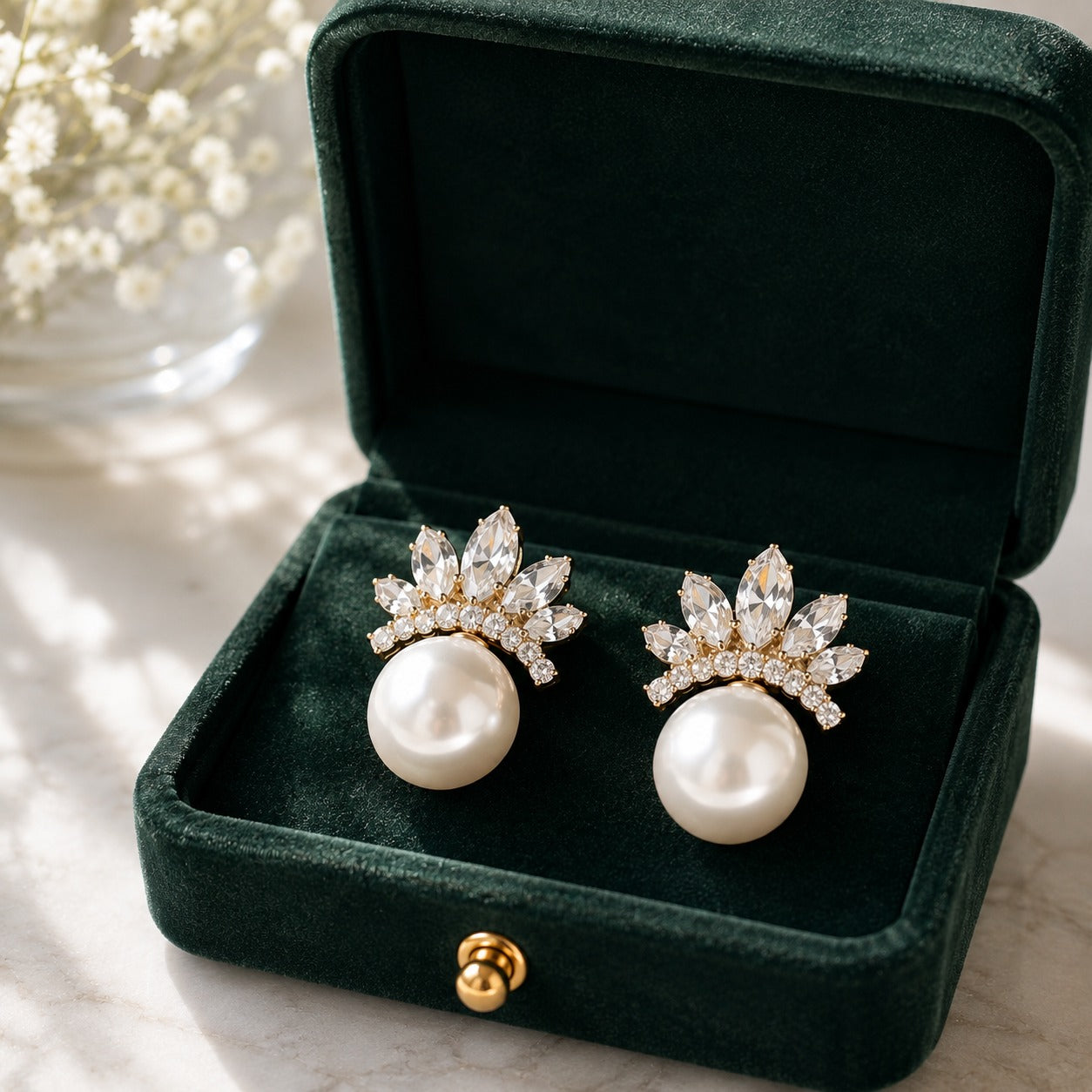 Pearl Crown Stud Earrings in gold displayed in a deep green velvet jewellery box