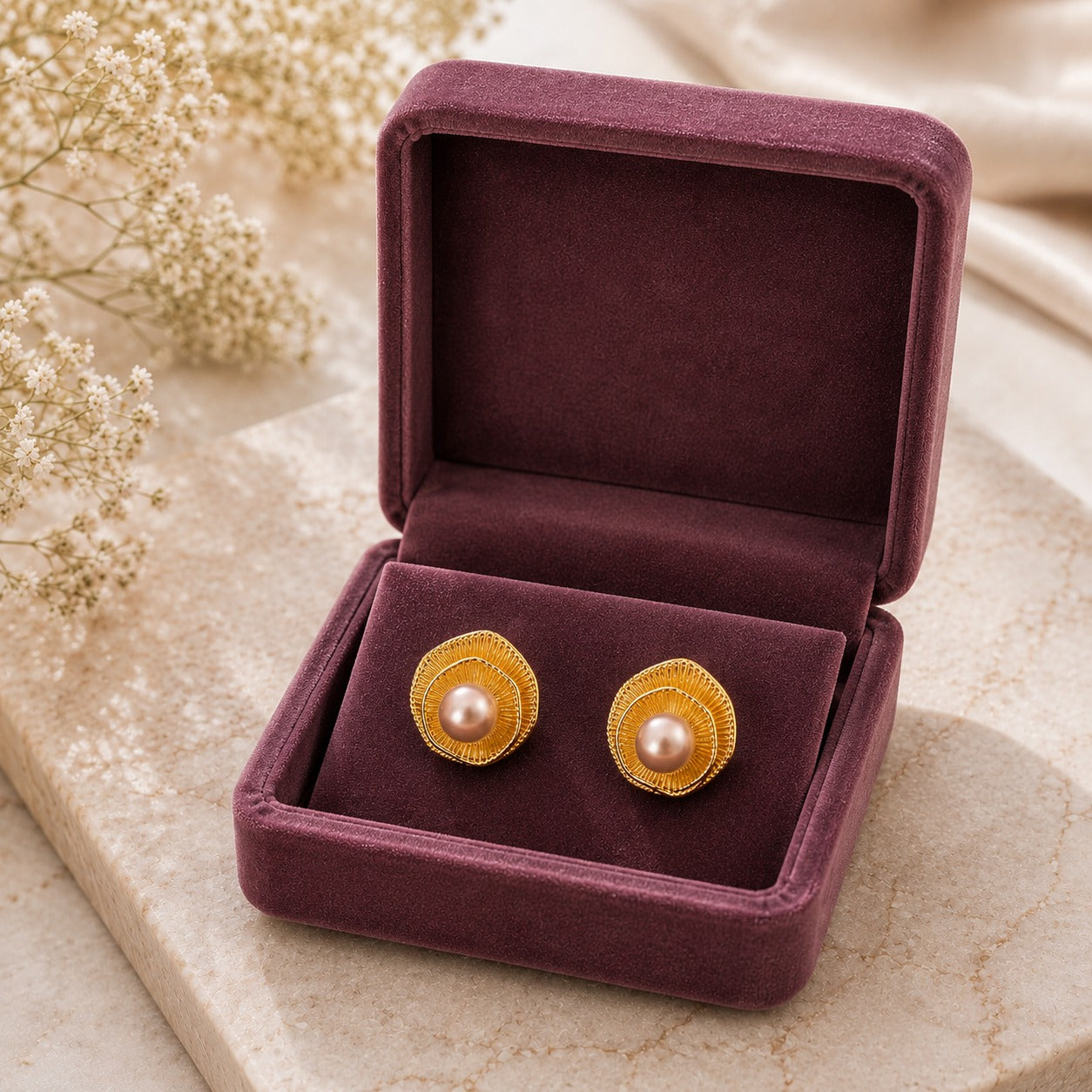 Gold-tone sculptural stud earrings with layered ripple design and luminous pearl centre