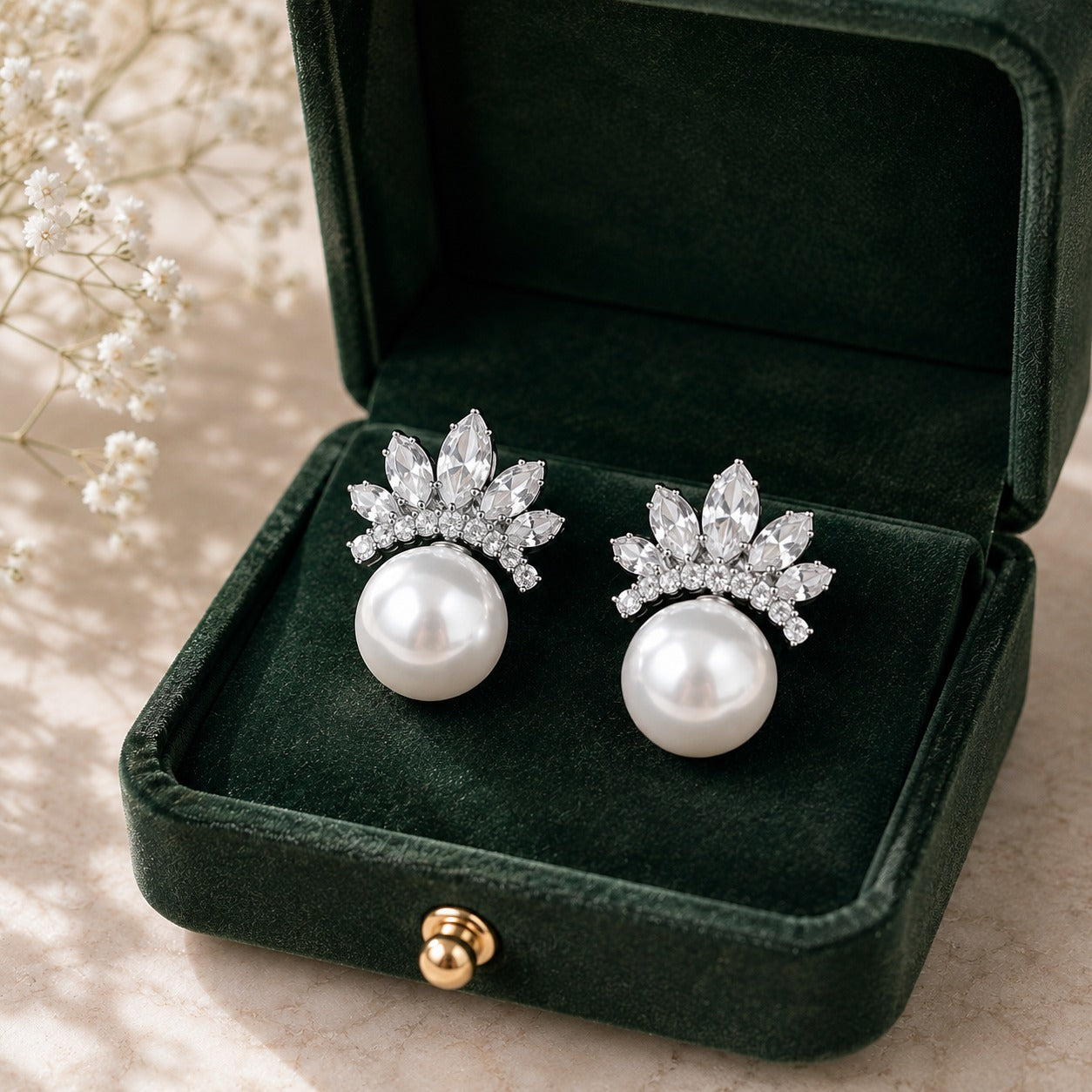 Pearl Crown Stud Earrings in silver displayed in a deep green velvet jewellery box