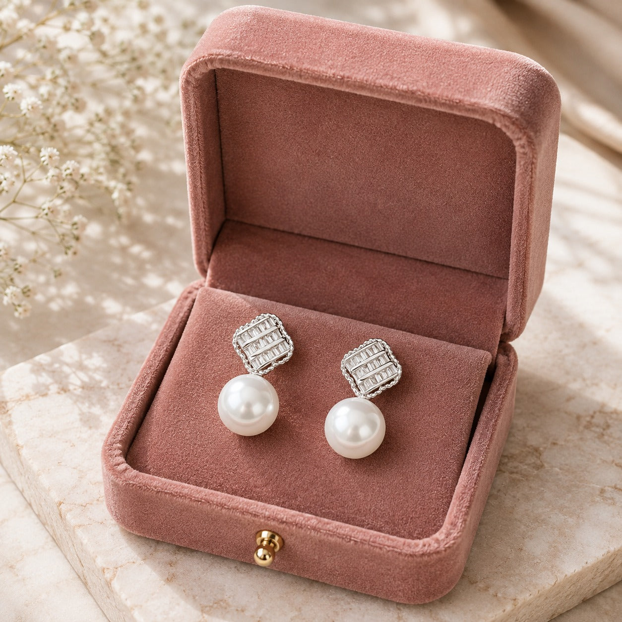 Pearl Grid Drop Earrings displayed in a dusty rose velvet jewellery box