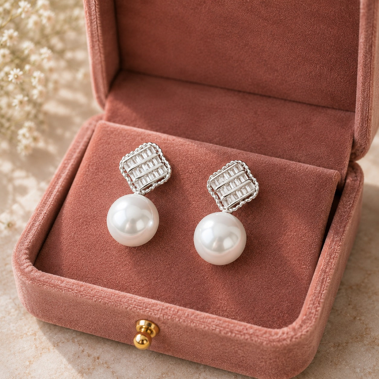 Close-up of Pearl Grid Drop Earrings displayed in a dusty rose velvet jewellery box
