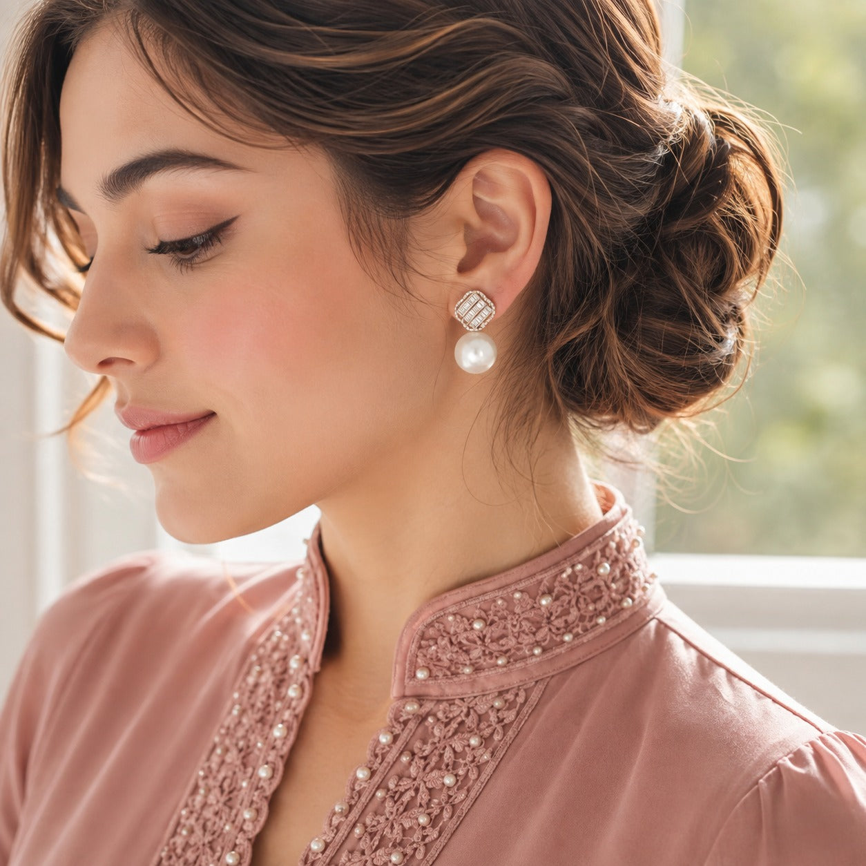 Model wearing silver-tone Pearl Grid Drop Earrings with geometric crystal top and round pearl