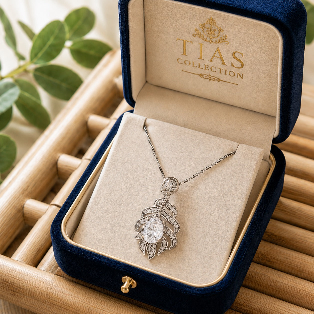 Clear Crystal Plume Arc Pendant featuring an oval faceted stone and sweeping zircon-set silver-tone curves.in  a jewelry box