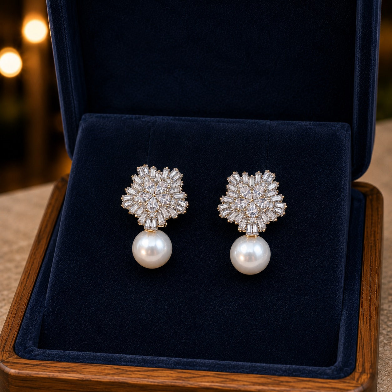 Clear zircon floral statement earrings with baguette-style detailing and round pearl drops displayed in a navy jewellery box.