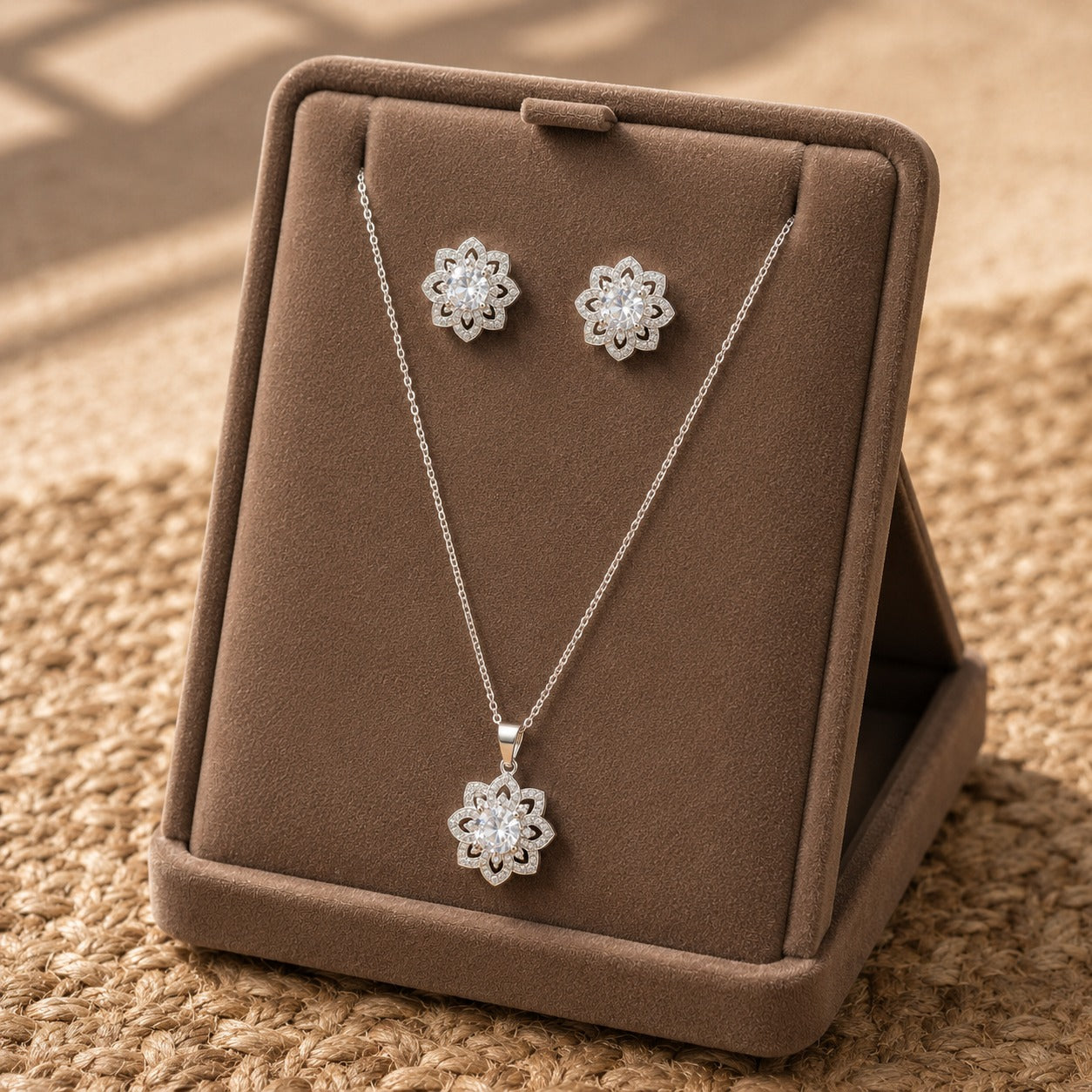 Solenne clear zircon pendant and matching stud earrings displayed on a taupe jewellery stand.