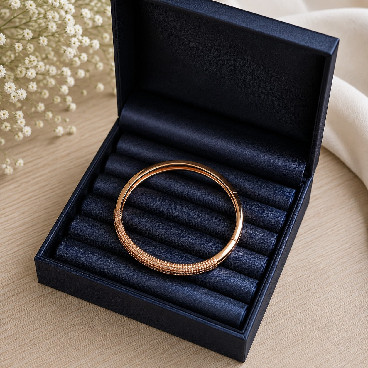 Close-up of Ember Arc rose-gold bracelet in a navy jewellery box, highlighting its textured multi-row front and polished circular band