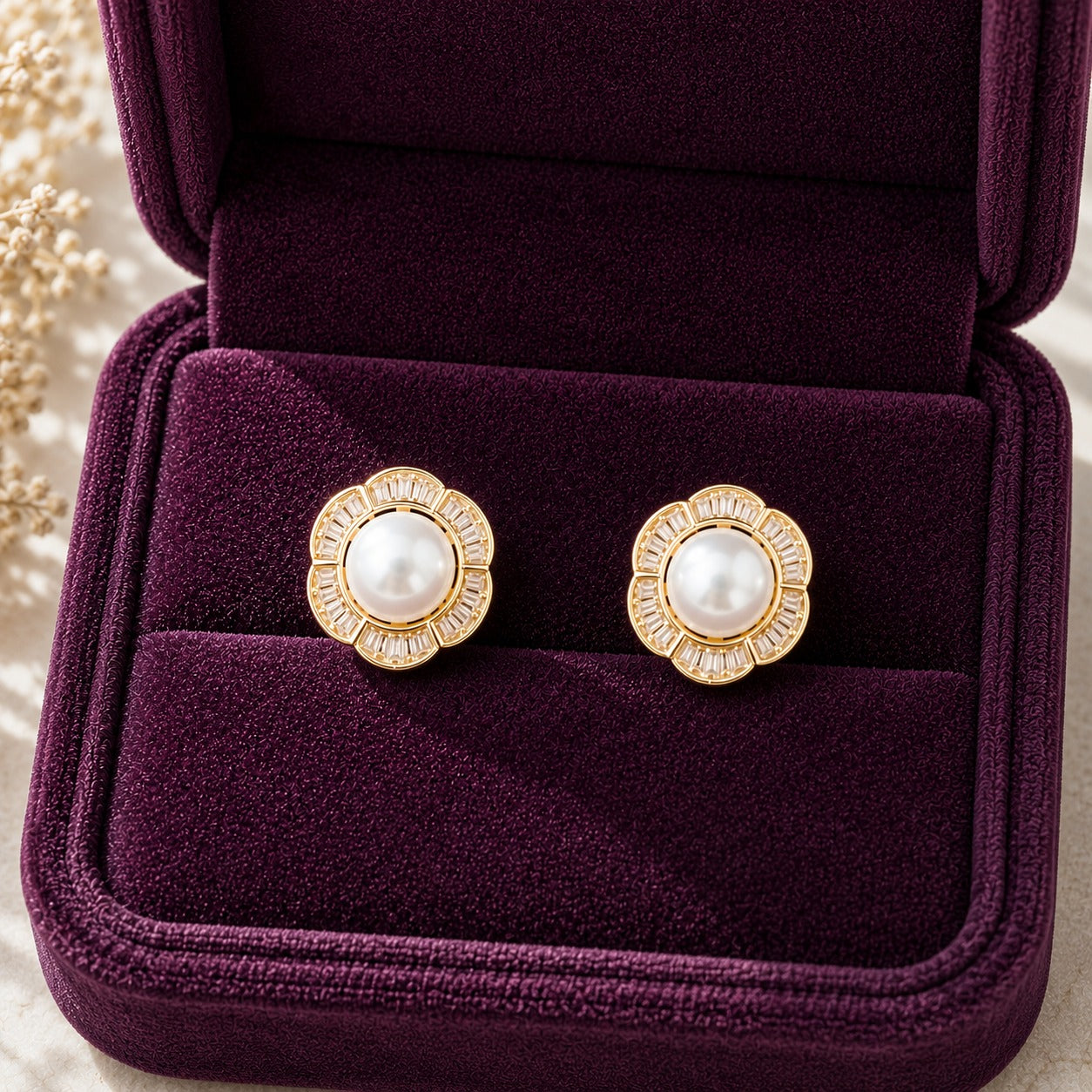 Floral  Golden pearl stud earrings featuring a luminous centre pearl surrounded by clear baguette stones
