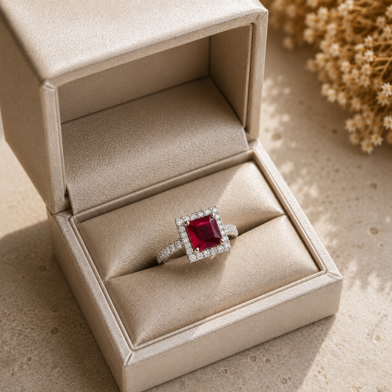  Ruby Red Square-cut statement ring with faceted centre stone, clear stone halo and detailed band displayed in a champagne jewellery box.