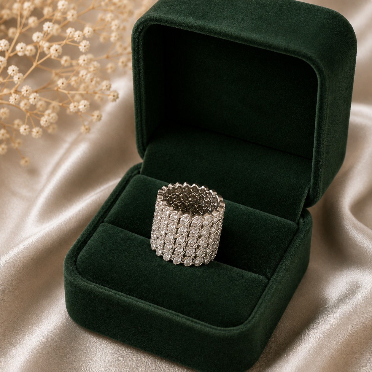 S925 Veyra Marquise statement ring displayed in a forest green jewellery box