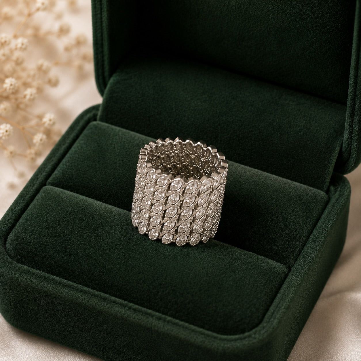 S925 Veyra Marquise statement ring displayed in a forest green jewellery box